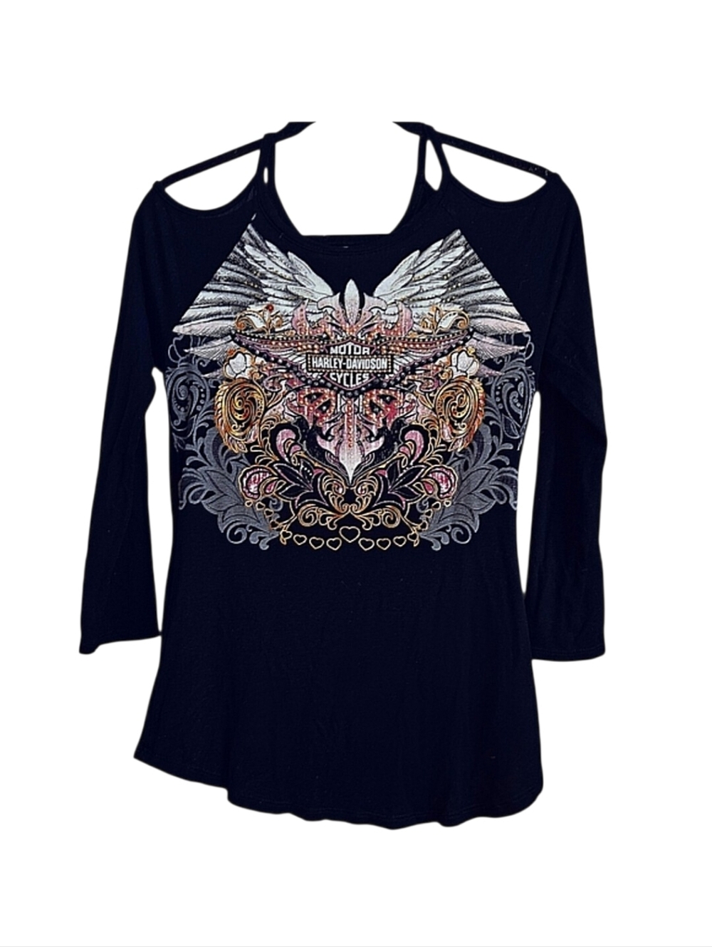 Harley Davidson Dual Layered Cold Shoulder Metallic Graphic Tee With Stones XS